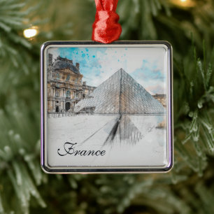 Watercolor drawing of the Louvre Paris, France Metal Tree Decoration
