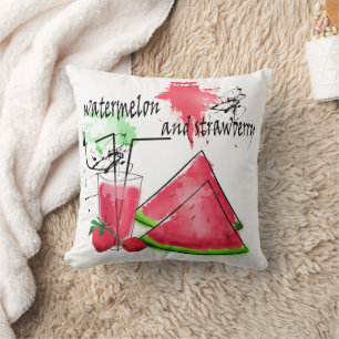 Watercolor drawing of watermelon and strawberries cushion