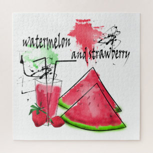 Watercolor drawing of watermelon and strawberries jigsaw puzzle