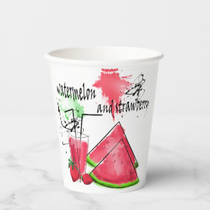 Watercolor drawing of watermelon and strawberries paper cups