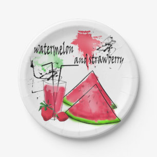 Watercolor drawing of watermelon and strawberries  paper plate