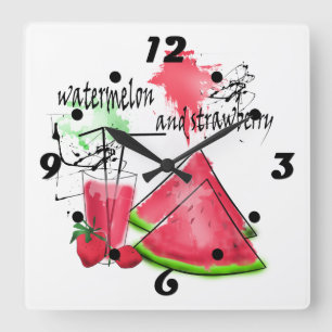 Watercolor drawing of watermelon and strawberries square wall clock