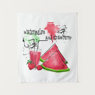 Watercolor drawing of watermelon and strawberries tapestry