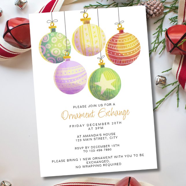 Watercolor Drawn Christmas Ornament Exchange Party Invitation (Creator Uploaded)