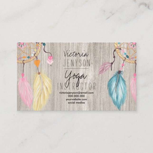 Watercolor dreamcatcher feathers light wood yoga business card (Front)