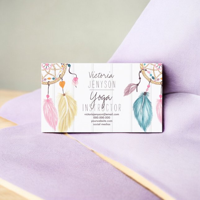 Watercolor dreamcatcher feathers wood yoga business card (Watercolor dreamcatcher feathers wood yoga business card)