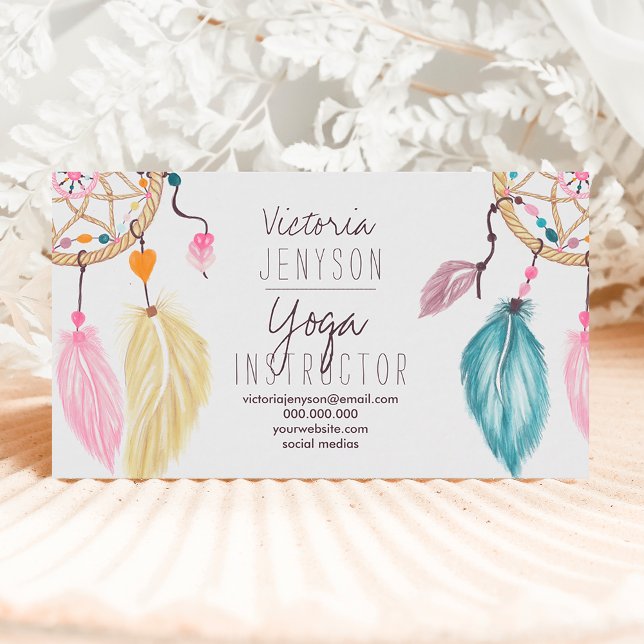 Watercolor dreamcatcher feathers yoga instructor business card (Creator Uploaded)