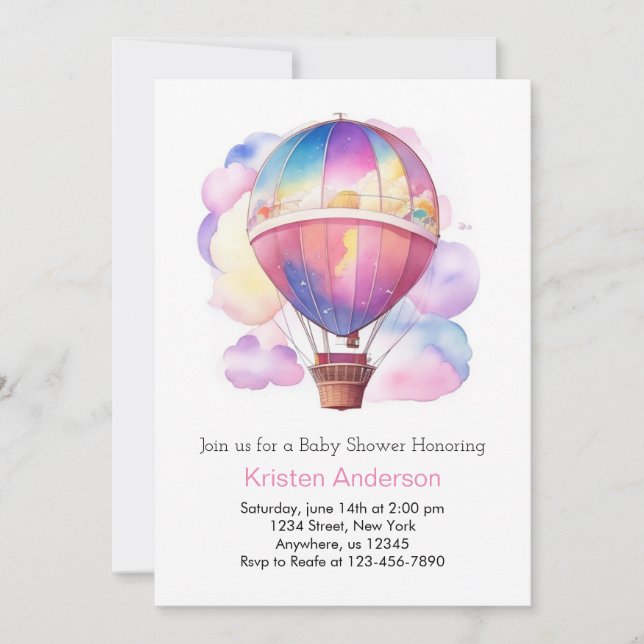 Watercolor Dreams Hot Air Balloon Girl Baby Shower Invitation (Front)