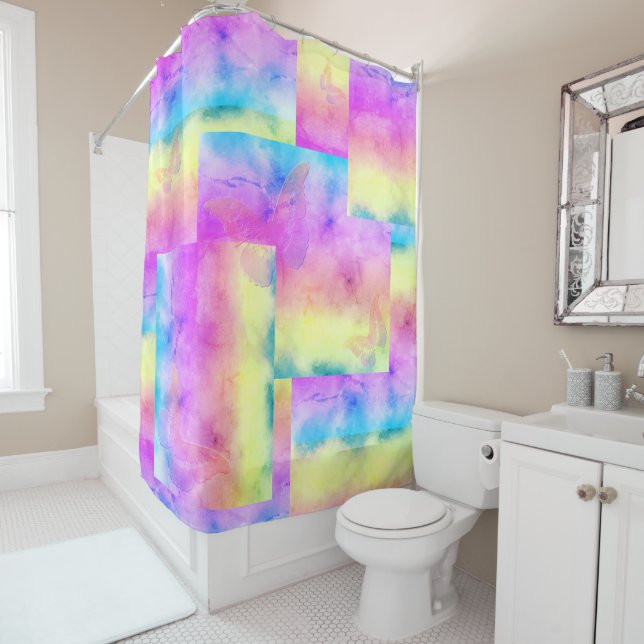 [Watercolor Dreams] Soft Pastel Colours Butterfly Shower Curtain (In Situ)