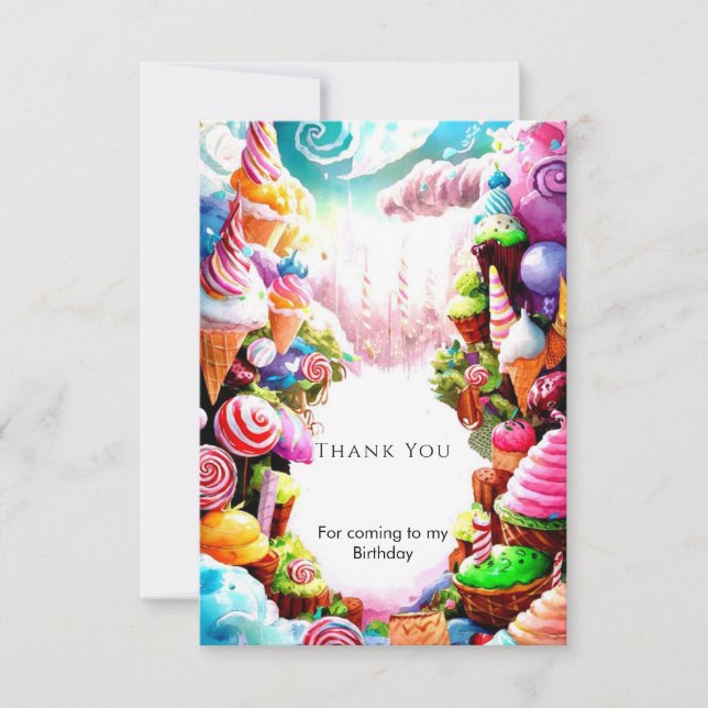 Watercolor Dreamy Candyland Birthday Thank You Card (Front)