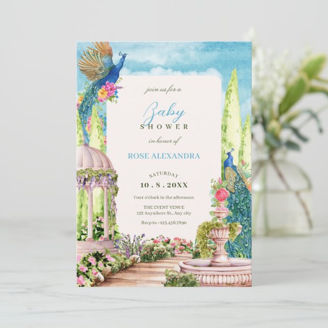 Watercolor dreamy floral garden bird baby shower invitation (Standing Front)