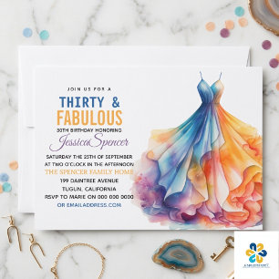 Watercolor Dress 30th Birthday Elegant & Feminine  Invitation