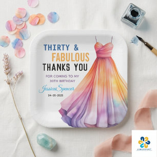 Watercolor Dress 30th Birthday Elegant & Feminine  Paper Plate