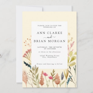 Watercolor dried boho grass & wild floral wedding invitation