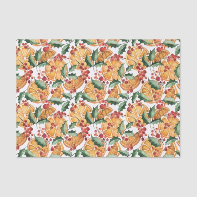 Watercolor Dried Oranges and Berries Christmas  Tissue Paper (Front)