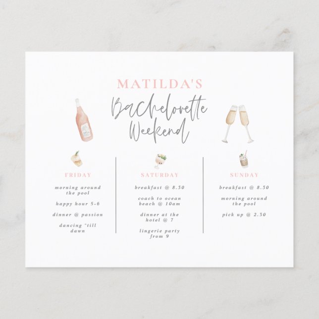 watercolor drink pink girly bachelorette itinerary (Back)
