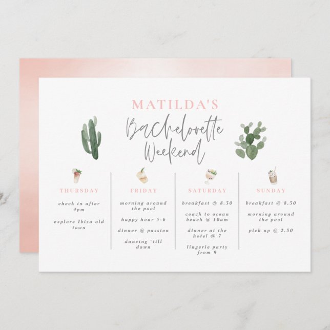Watercolor drinks bachelorette weekend itinerary (Front/Back)