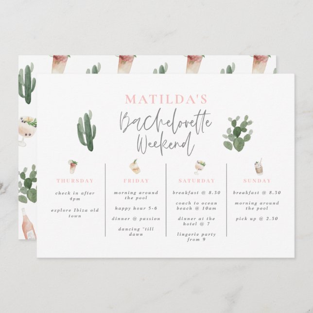 Watercolor drinks bachelorette weekend itinerary (Front/Back)