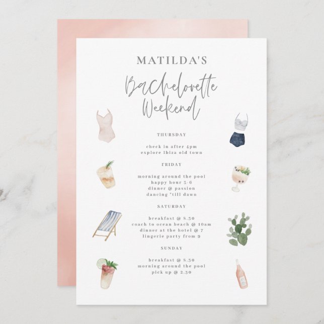 Watercolor drinks bachelorette weekend itinerary (Front/Back)