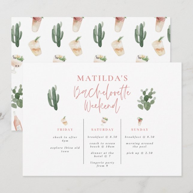 Watercolor drinks bachelorette weekend itinerary (Front/Back)