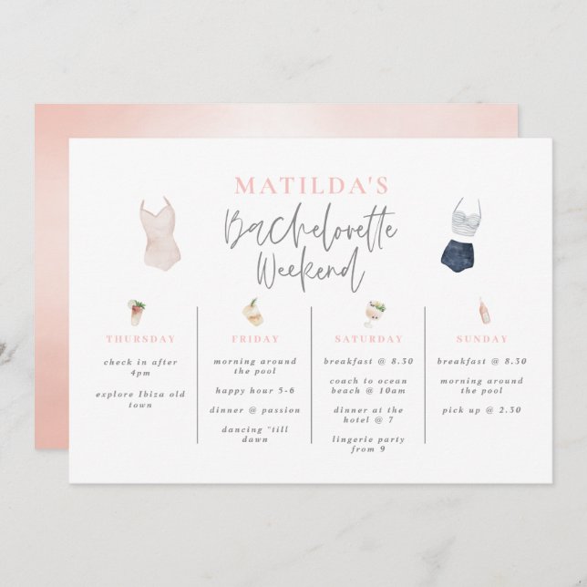 Watercolor drinks bachelorette weekend itinerary (Front/Back)