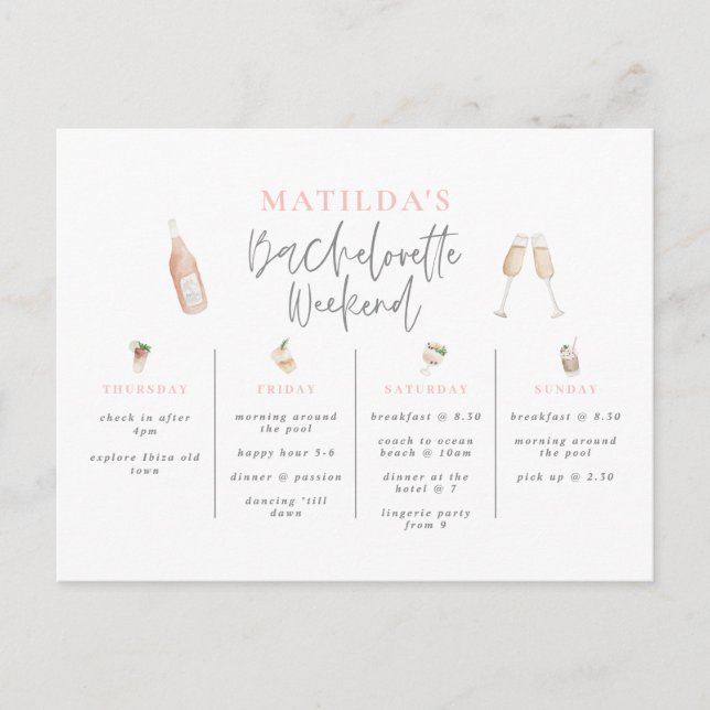 Watercolor drinks bachelorette weekend itinerary postcard (Front)