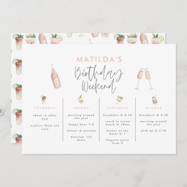 Watercolor drinks birthday weekend itinerary (Front/Back)