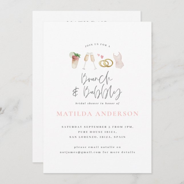 Watercolor drinks brunch and bubbly bachelorette  announcement (Front/Back)