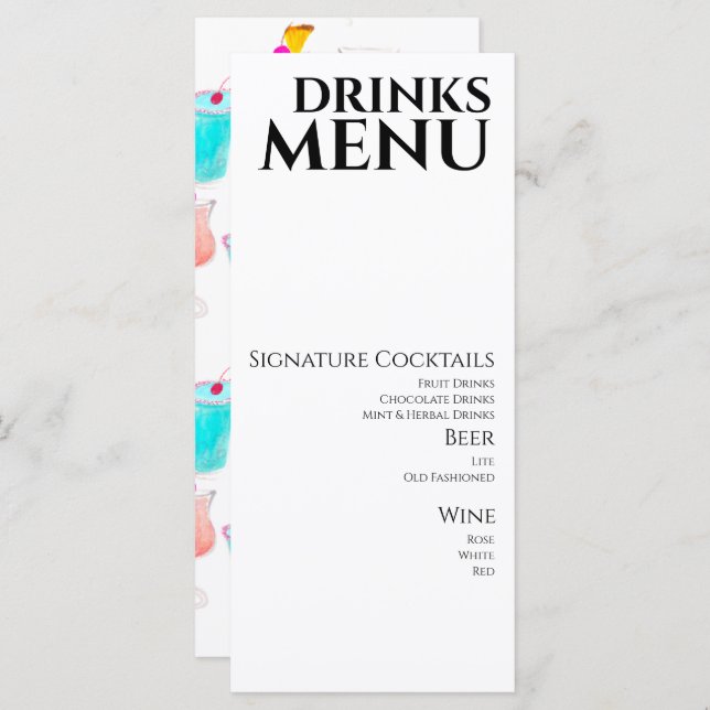 Watercolor Drinks Cocktail Wine Wedding  Menu (Front/Back)