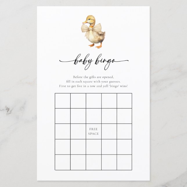 Watercolor Duck Baby Shower Bingo Game Card  (Front)