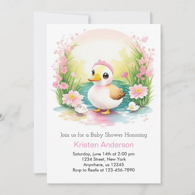 Watercolor Duck Cute Pink Girl Baby Shower Invitation (Front)