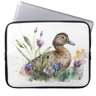 Watercolor Duck In Flowers Laptop Sleeve