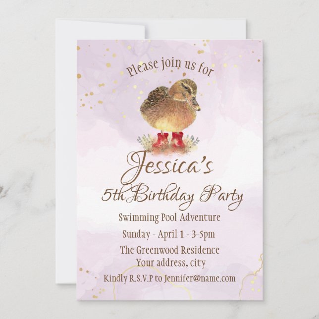 Watercolor Duck in Red Rubber Boots Birthday Invitation (Front)