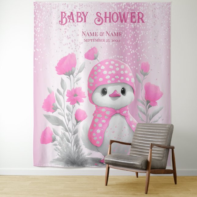 Watercolor Duck Pink Floral Backdrop Tapestry (In Situ)