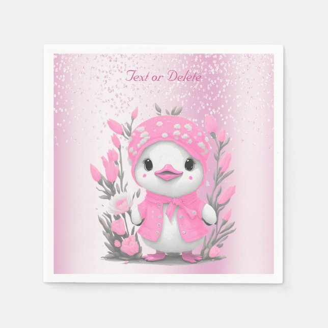 Watercolor Duck Pink Flowers Napkins (Front)