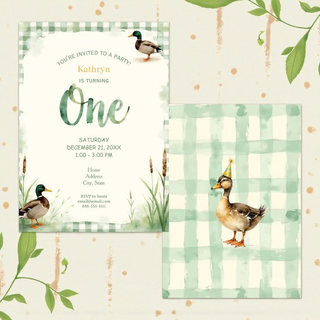 Watercolor Duck Teal, Yellow First Birthday Party Invitation (Creator Uploaded)