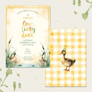 Watercolor Duck Teal, Yellow First Birthday Party Invitation