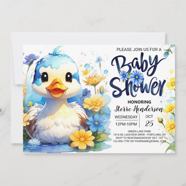 Watercolor Duck Wildflowers Baby Shower Invitation (Front)