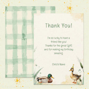 Watercolor Duck with Teal & Yellow Birthday Party Thank You Card