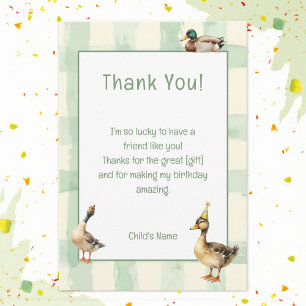Watercolor Duck with Teal & Yellow Birthday Party Thank You Card