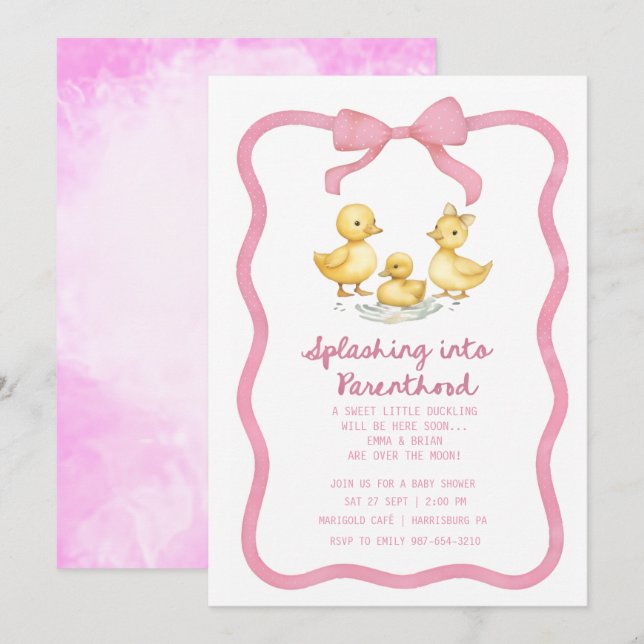 Watercolor Duckling Puddle Splash Gender Neutral Invitation (Front/Back)