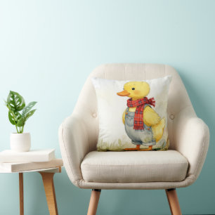 Watercolor Duckling Wearing Denim Overalls Cushion