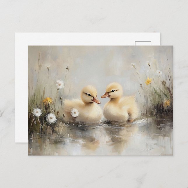 Watercolor Ducklings Dandelion Flowers Postcard (Front/Back)