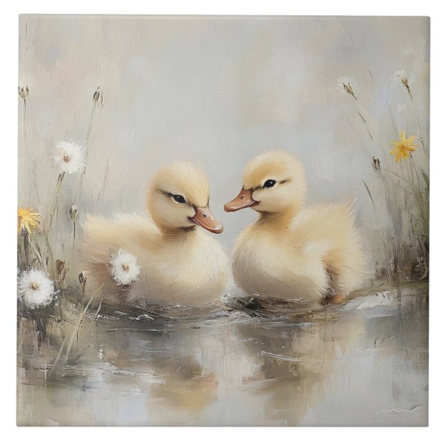 Watercolor Ducklings Dandelion Flowers Tile (Front)