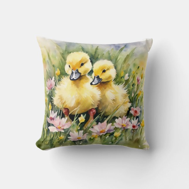 Watercolor Ducklings in Wildflower Meadow Cushion (Front)