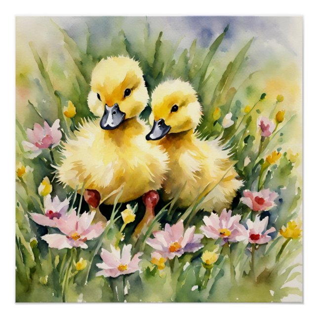 Watercolor Ducklings in Wildflower Meadow Poster (Front)