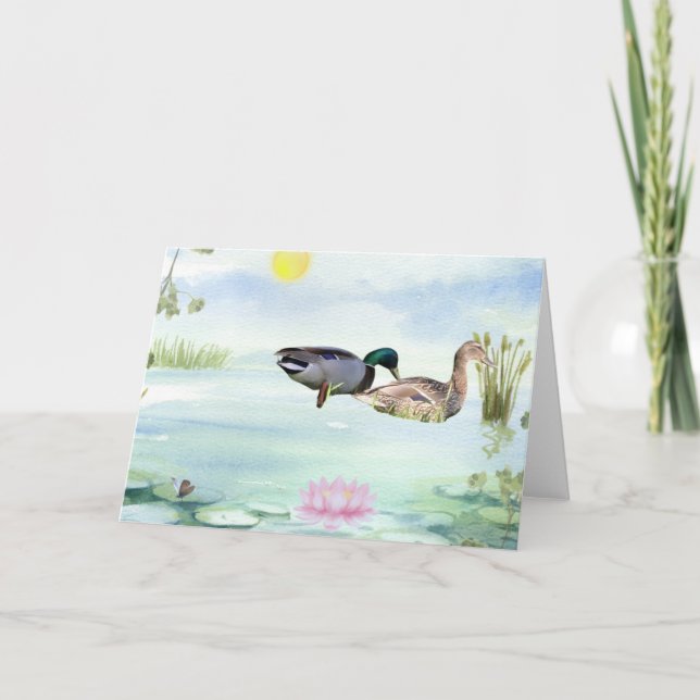 Watercolor Ducks with Lotus n Butterfly Thank You Card (Front)