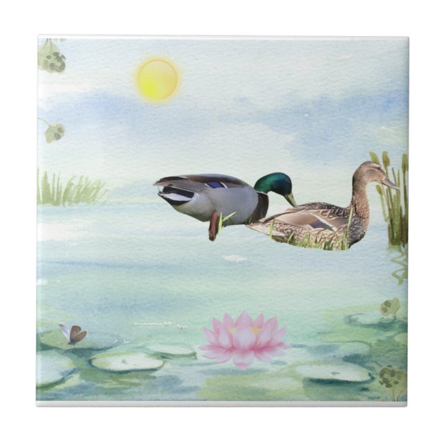 Watercolor Ducks with Lotus n Butterfly Tile (Front)
