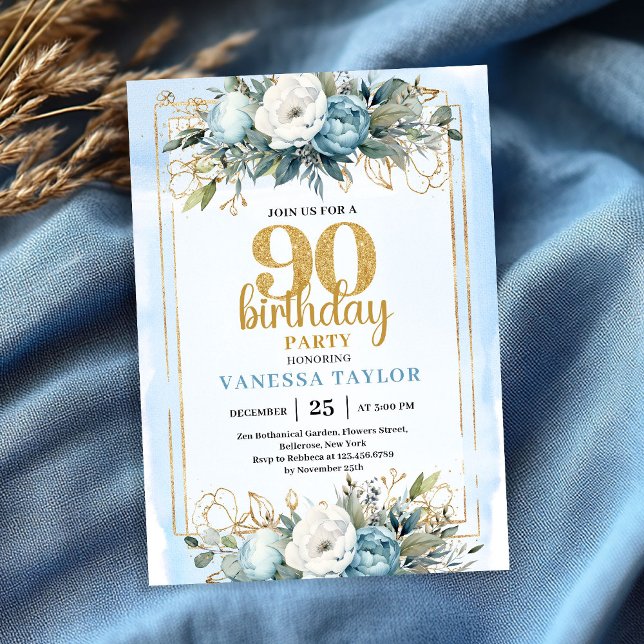 Watercolor Dusty Blue 90th Birthday Party Invite  (Watercolor Dusty Blue 90th Birthday Party Invite Glitter

)