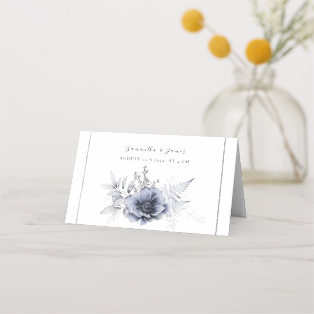 Watercolor Dusty Blue Bohemian Floral Place Card (Front)